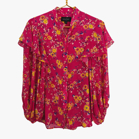 Saloni Chloe Silk Floral Blouse Top Size 4 Pink Button Front Ruffles Feminine - Picture 2 of 14